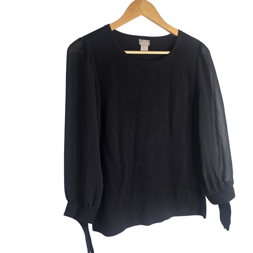 Chico's Sheer Sleeve Knit Top Women 1 M Black Rayon Blend Mixed Media Blouse